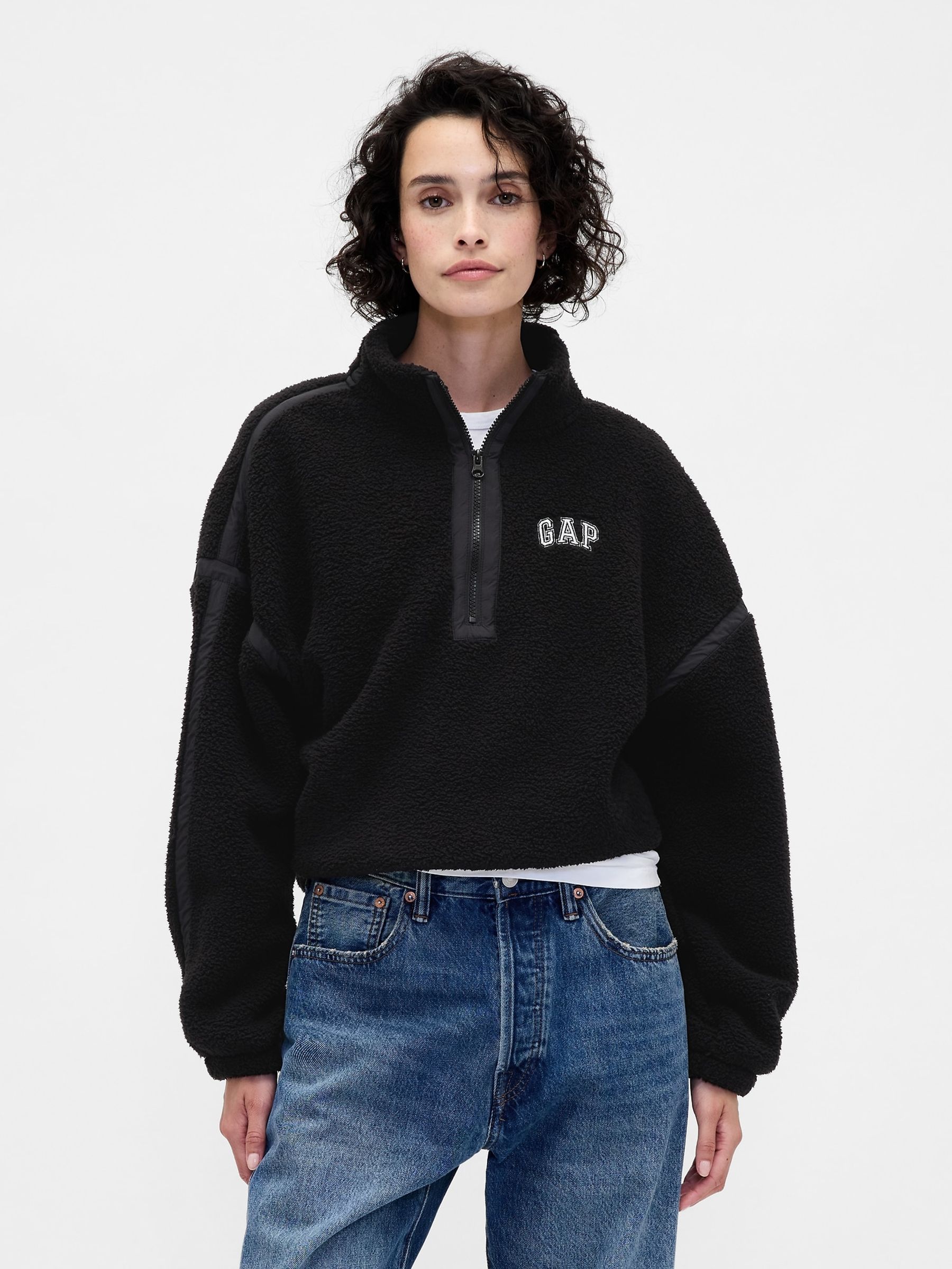 Buy Gap Black Oversized Cropped Sherpa Half-Zip Fleece from the
