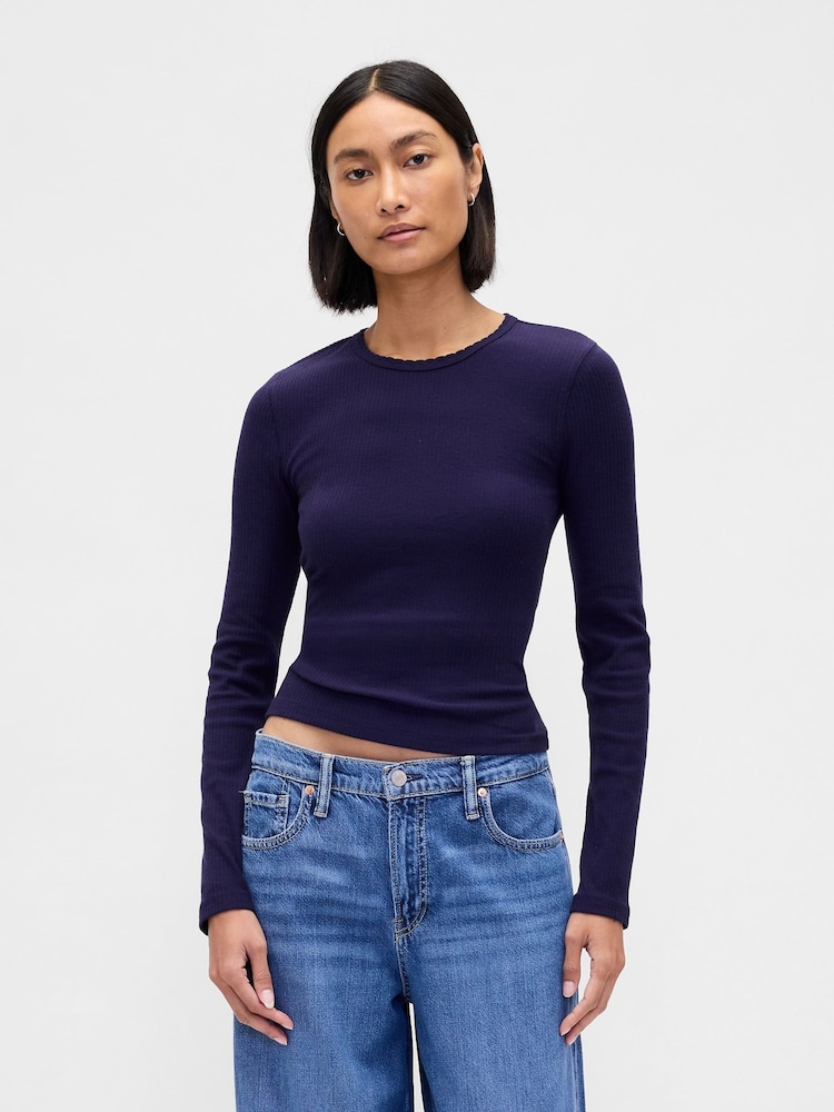 Gap Navy Blue Pointelle Ribbed Long Sleeve T-Shirt - Image 1 of 4 Gap Navy Blue Pointelle Ribbed Long Sleeve T-Shirt - Image 1 of 4