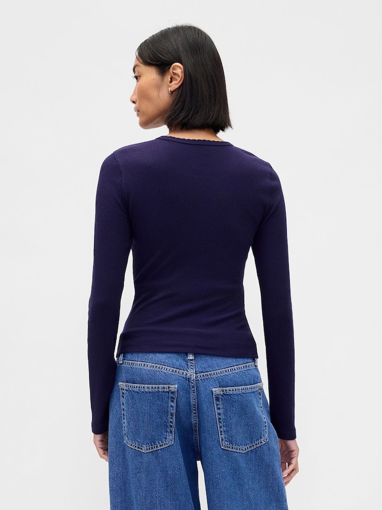 Gap Navy Blue Pointelle Ribbed Long Sleeve T-Shirt - Image 2 of 4 Gap Navy Blue Pointelle Ribbed Long Sleeve T-Shirt - Image 2 of 4