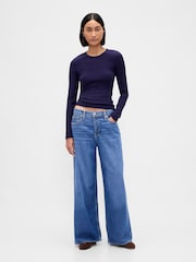 Gap Navy Blue Pointelle Ribbed Long Sleeve T-Shirt - Image 3 of 4