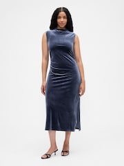 Gap Blue Ruched Velvet Mock Neck Midi Dress - Image 4 of 6