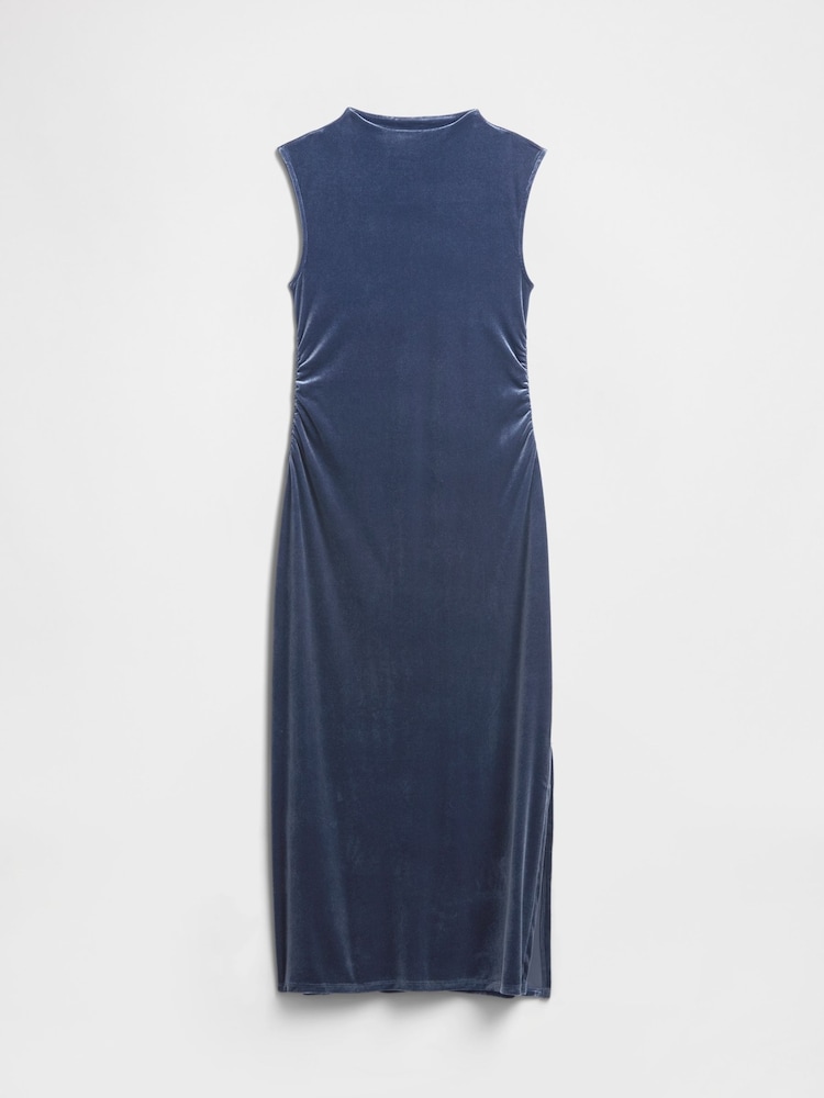 Gap Blue Ruched Velvet Mock Neck Midi Dress - Image 6 of 6 Gap Blue Ruched Velvet Mock Neck Midi Dress - Image 6 of 6