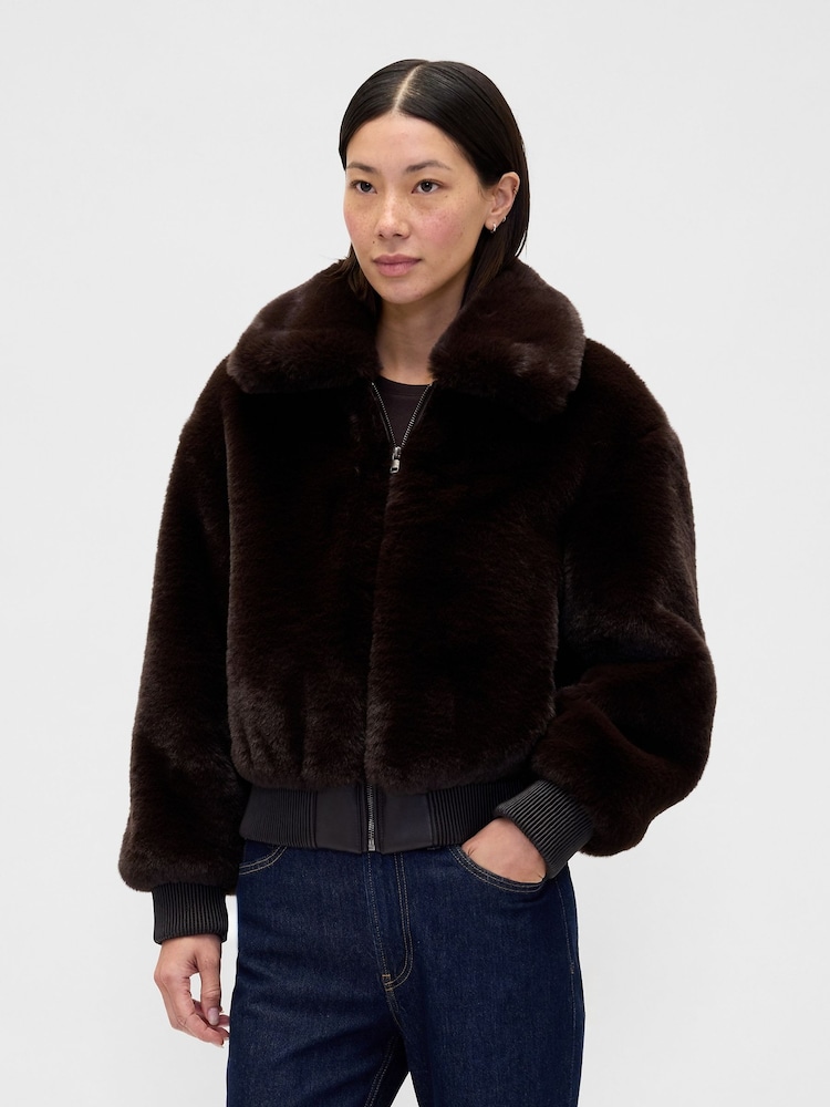 Gap Brown Faux Fur Bomber Jacket - Image 1 of 4 Gap Brown Faux Fur Bomber Jacket - Image 1 of 4