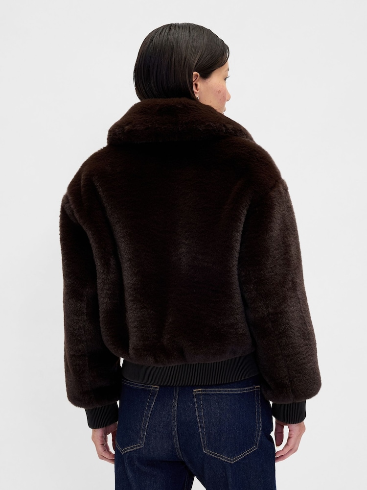 Gap Brown Faux Fur Bomber Jacket - Image 2 of 4 Gap Brown Faux Fur Bomber Jacket - Image 2 of 4