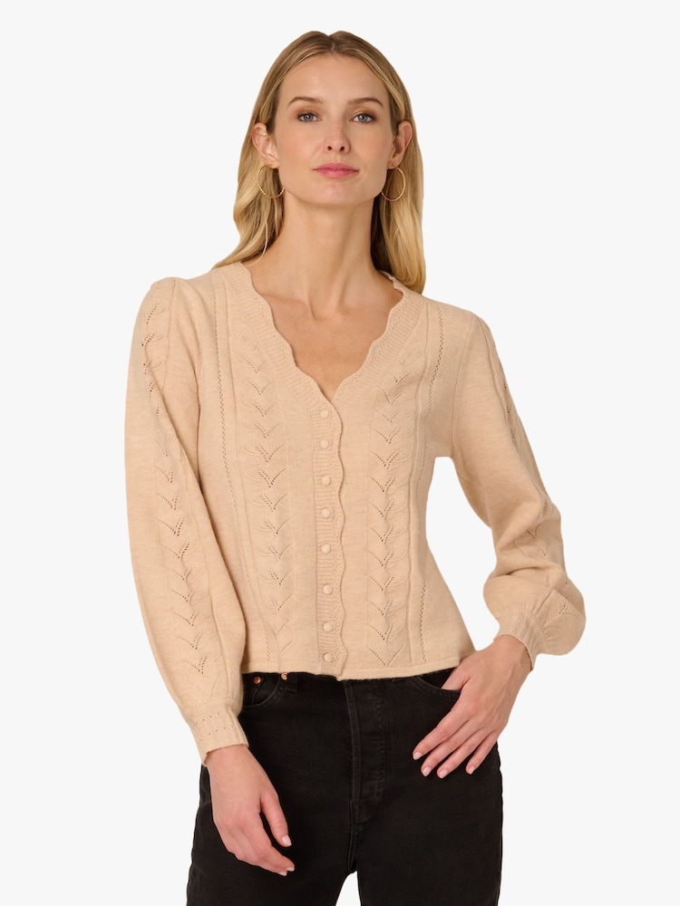 Pointelle Long Sleeve V-Neck Crochet Button Cardigan Sweater - Imagem 1 de 6