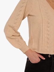 Pointelle Long Sleeve V-Neck Crochet Button Cardigan Sweater - Imagem 4 de 6