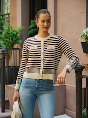 Crew Neck Button Front Striped Pointelle Long Sleeve Sweater - Image 1 of 6