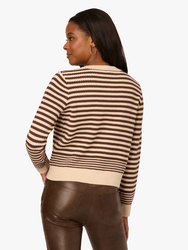 Crew Neck Button Front Striped Pointelle Long Sleeve Sweater - Image 2 of 6