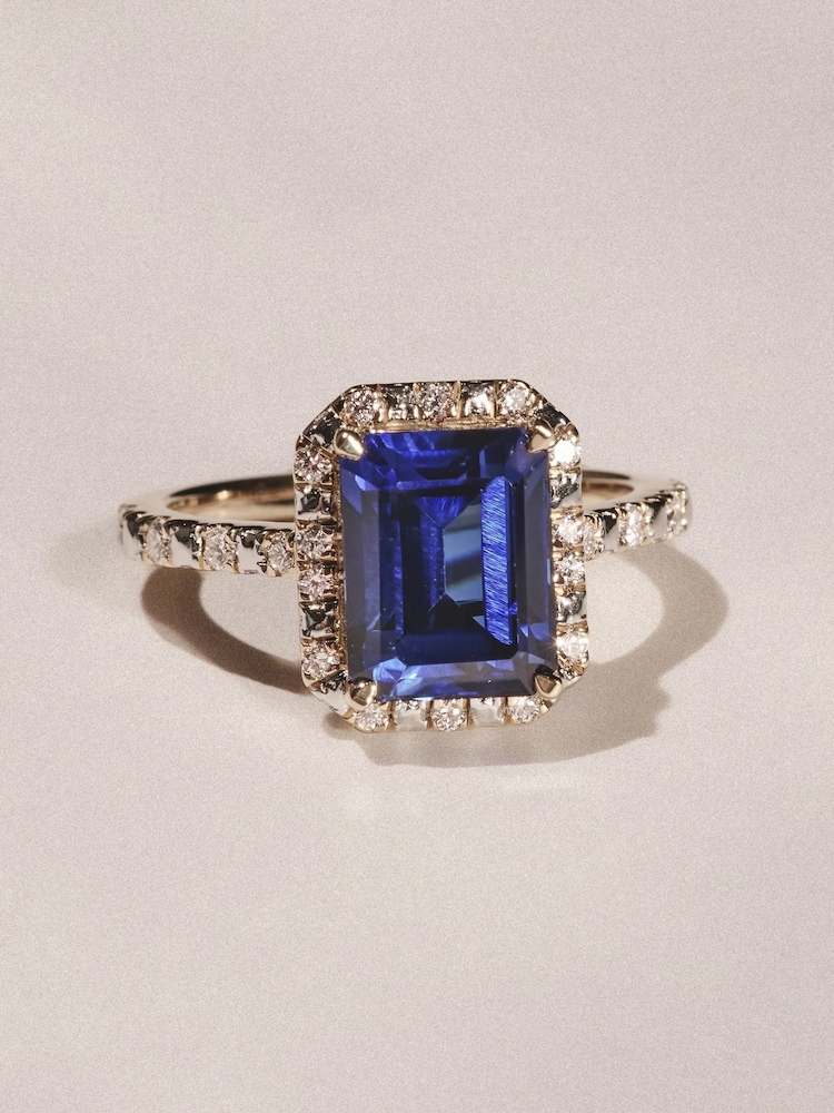 The Diamond Store Blue Astra 1.50ct Octagon Cut Lab Sapphire and Diamond Halo Ring With Side Stones in Vermeil - Image 1 of 5 The Diamond Store Blue Astra 1.50ct Octagon Cut Lab Sapphire and Diamond Halo Ring With Side Stones in Vermeil - Image 1 of 5