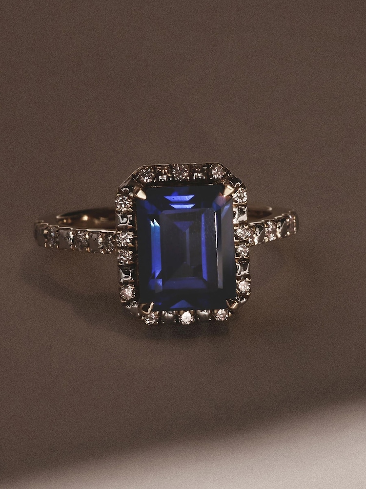 The Diamond Store Blue Astra 1.50ct Octagon Cut Lab Sapphire and Diamond Halo Ring With Side Stones in Vermeil - Image 2 of 5 The Diamond Store Blue Astra 1.50ct Octagon Cut Lab Sapphire and Diamond Halo Ring With Side Stones in Vermeil - Image 2 of 5