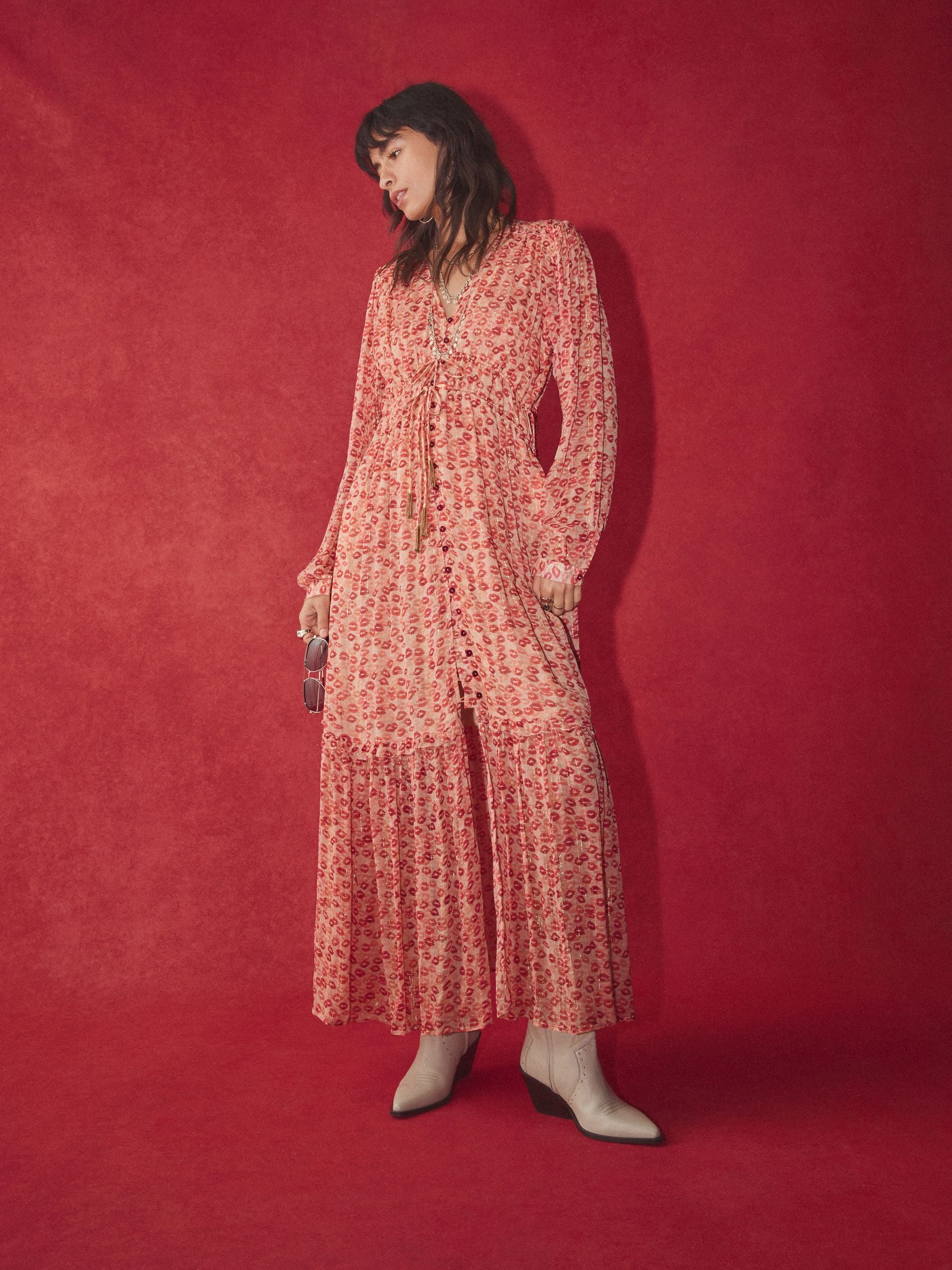 Buy Rockett St George Pink Lips Printed V-Neck Maxi Dress from