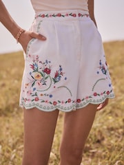 Love & Roses x RHS Ivory Petite Floral Embroidered Scallop Shorts - Image 1 of 5