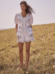 Love & Roses x RHS Ivory Petite Floral Embroidered Scallop Shorts - Image 4 of 5