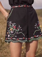 Love & Roses x RHS Black Petite Floral Embroidered Scallop Shorts - Image 1 of 5