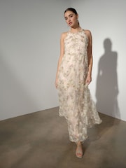 أصفر/وردي ـ نقشة مورّدة - Halter Neck Ruffle Maxi Occasion Dress - صورة 1 من 5