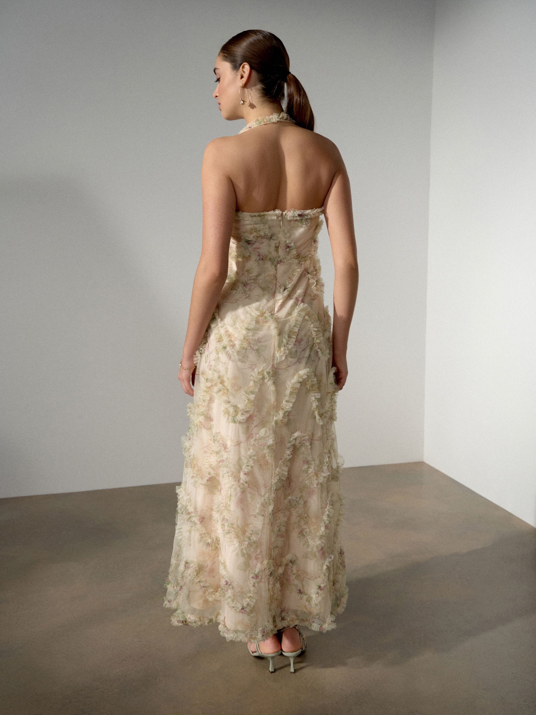 Buy Cream/Pink Floral Halter Neck Ruffle Maxi Occasion Dress from