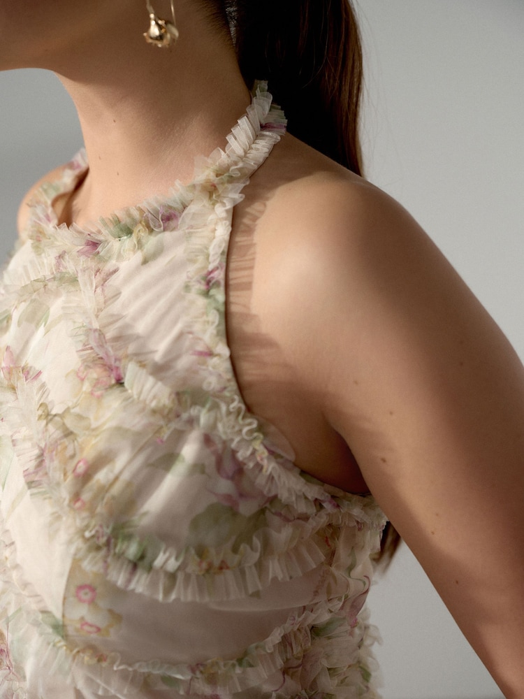 أصفر/وردي ـ نقشة مورّدة - Halter Neck Ruffle Maxi Occasion Dress - صورة 5 من 5 أصفر/وردي ـ نقشة مورّدة - Halter Neck Ruffle Maxi Occasion Dress - صورة 5 من 5