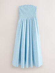 Blue Floral Print Bandeau Shirred Body Midi Occasion Dress - Image 1 of 3