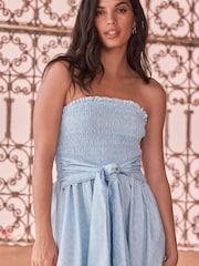 Albastru cu imprimeu floral - Rochie midi de ocazie cu model bandeau și corp încrețit - Imaginea 4 din 7