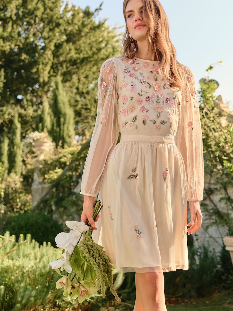 sachin and babi light blue dress Embroidered Striped Cotton Midi Dress – Lela Rose main image 1