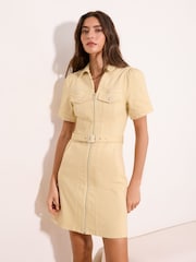 Lipsy Butter Yellow Denim Zip Up Mini Shirt Dress - Image 1 of 4