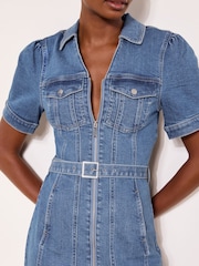 Lipsy Mid Wash Blue Denim Zip Up Mini Shirt Dress - Image 2 of 4