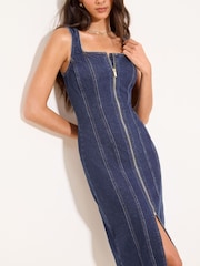 Lipsy Rinse Blue Wash Seamed Bodycon Zip Front Midi Dress - Image 3 of 4