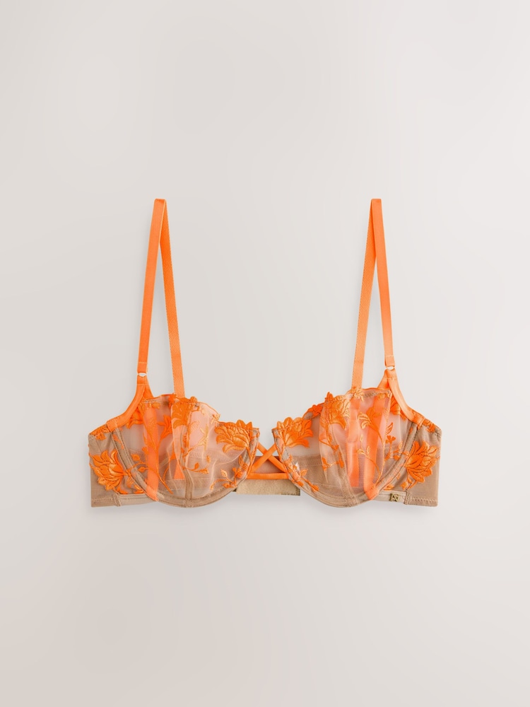 Orange Non Padded Balcony Premium Embroidered Bra - Image 1 of 3