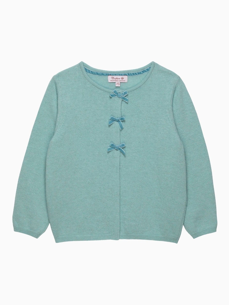 Trotters London Green Velvet Bow Cardigan - Image 1 of 2 Trotters London Green Velvet Bow Cardigan - Image 1 of 2