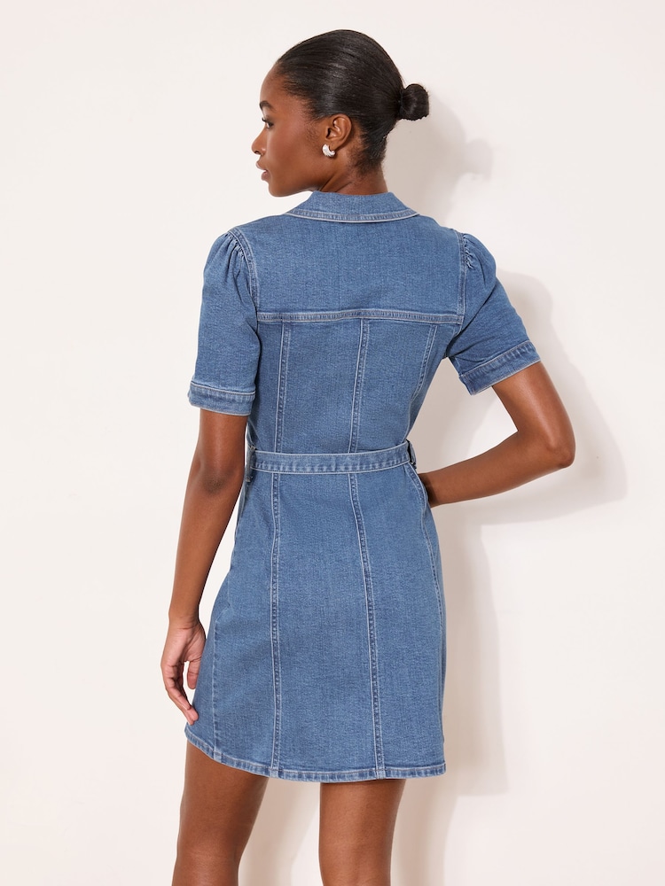 Lipsy Mid Wash Blue Petite Denim Zip Up Mini Shirt Dress - Image 4 of 4