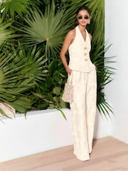 Friends Like These Cream Premium Floral Jacquard Wide Leg Trousers - Image 1 of 4