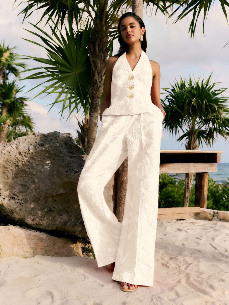 Friends Like These Cream Premium Floral Jacquard Wide Leg Trousers - Image 4 of 4