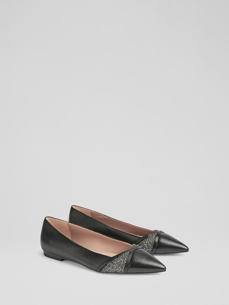 LK Bennett Black Diane Crystal  Detail Pointed Flats - Image 2 of 4