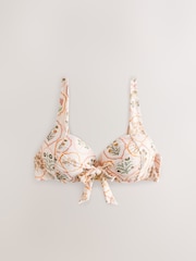 Ecru/Peach Floral Bow Front Padded Wired Bikini Top - Image 1 of 4