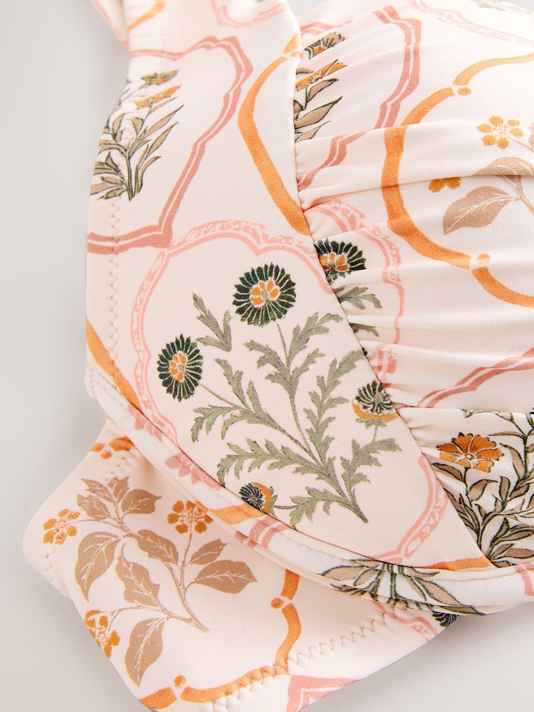 Ecru/Peach Floral Bow Front Padded Wired Bikini Top - Image 2 of 4