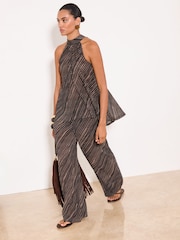 Lipsy Brown Striped Plisse Halter Neck Top - Image 3 of 5