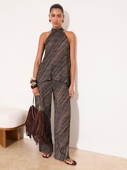 Lipsy Brown Striped Plisse Halter Neck Top - Image 4 of 5
