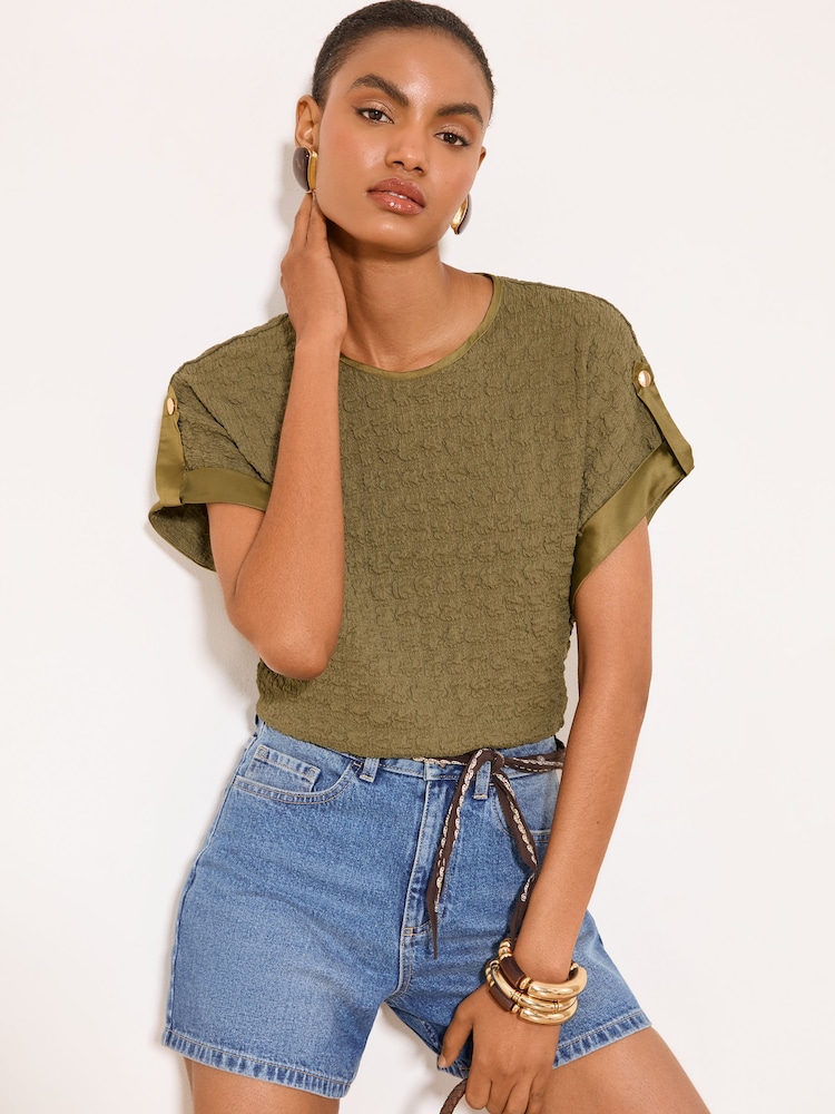 Lipsy Khaki Green Textured Tab Detail T-Shirt - Image 1 of 5