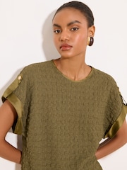 Lipsy Khaki Green Textured Tab Detail T-Shirt - Image 2 of 5