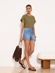 Lipsy Khaki Green Textured Tab Detail T-Shirt - Image 3 of 5