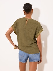 Lipsy Khaki Green Textured Tab Detail T-Shirt - Image 4 of 5