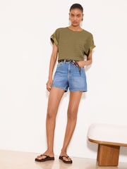 Lipsy Khaki Green Textured Tab Detail T-Shirt - Image 5 of 5