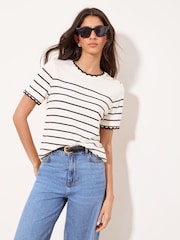 Lipsy Monochrome Stripe Scallop Detail T-Shirt - Image 1 of 4