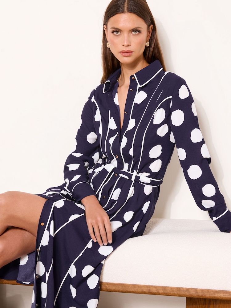 Lipsy Navy Petite Spot Shirt Midi Dress - Image 1 of 4