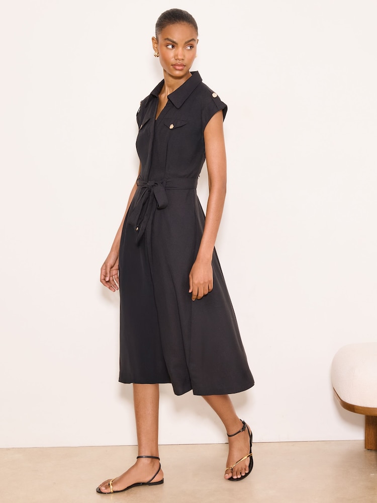 Womens Lipsy Black Petite Linen Look Button Through Short Sleeve Midi Shirt Dress US 8