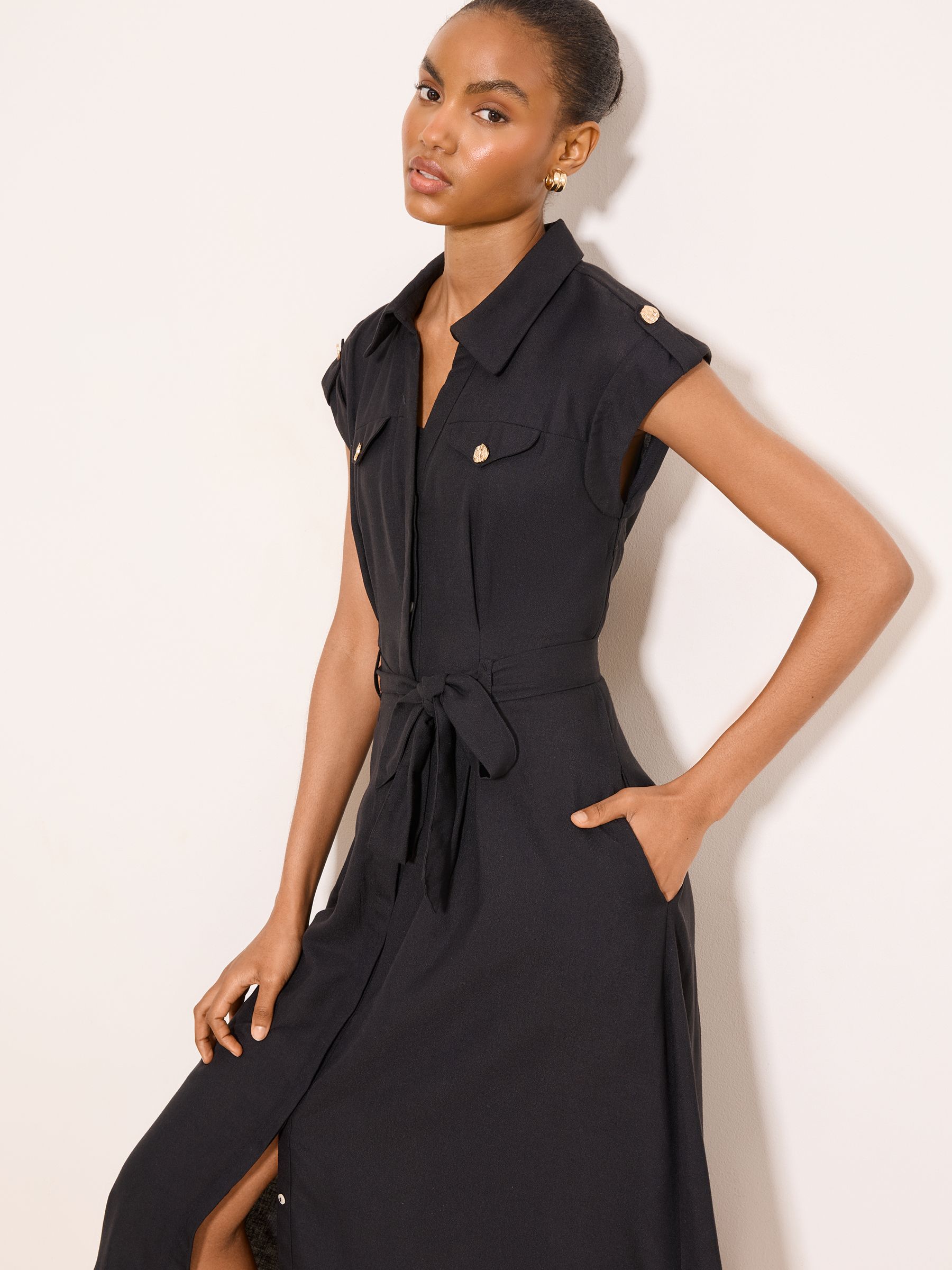 Buy Lipsy Black Petite Linen Look Button Through Short Sleeve Midi