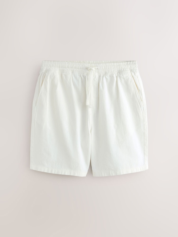 White Textured Cotton Linen Blend Drawstring Shorts - Image 1 of 3