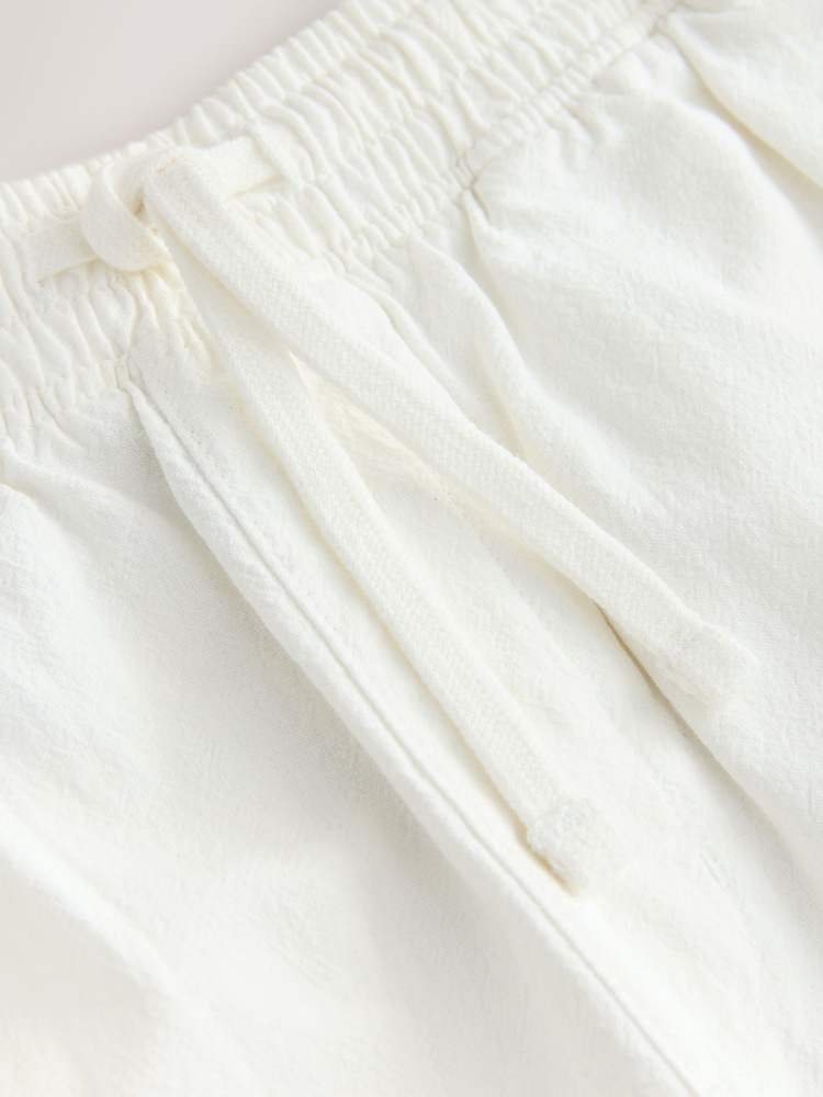 White Textured Cotton Linen Blend Drawstring Shorts - Image 2 of 3