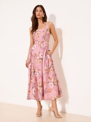 Lipsy Pink Floral Petite Pink Floral Strappy Historic Waist Midi Dress - Image 1 of 5