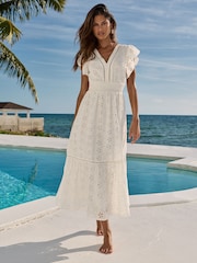 Lipsy White Broderie Flutter Sleeve Midi Dress - Image 1 of 4
